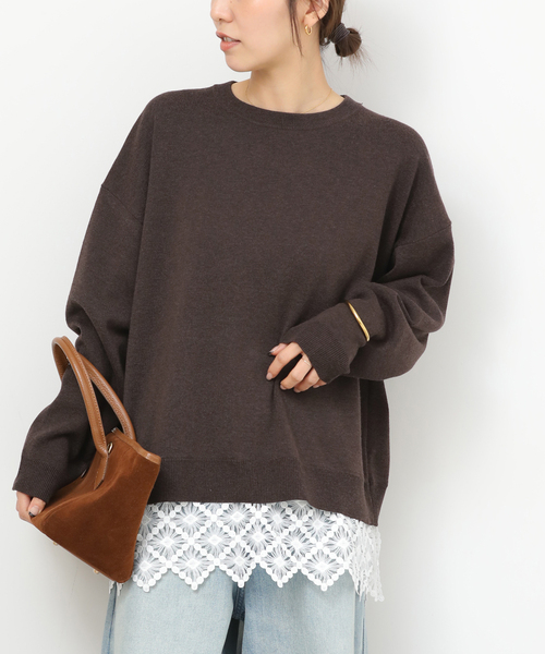 JOURNAL STANDARD relume(ジャーナルスタンダード レリューム)の「フルニードルレースヘムプルオーバー(ニット/セーター・レディース・ブラウン/チャコールグレー・FREE)」の2枚目の写真