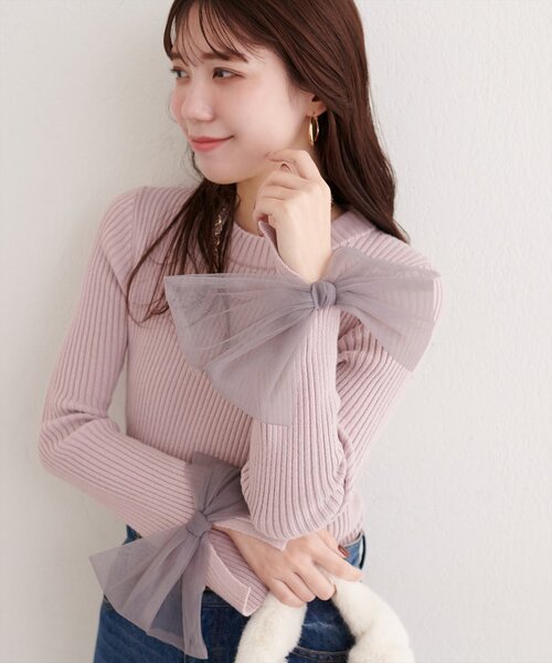 natural couture（ナチュラルクチュール）の「袖口チュールリボンニット（ニット/セーター・レディース・アイボリー/チャコールグレー/ピンク/ライトグレー・FREE）」の4枚目の写真