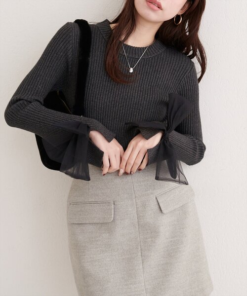 natural couture（ナチュラルクチュール）の「袖口チュールリボンニット（ニット/セーター・レディース・アイボリー/チャコールグレー/ピンク/ライトグレー・FREE）」の10枚目の写真