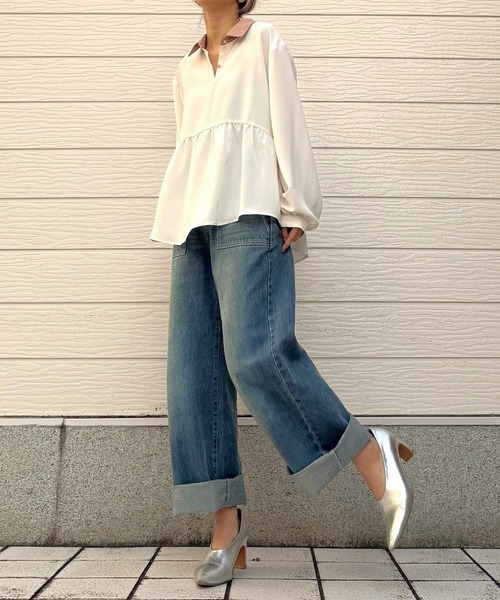 Q（キュー）の「ペプラムブラウス（シャツ/ブラウス・レディース・ブラック/アイボリー・MEDIUM）」の4枚目の写真