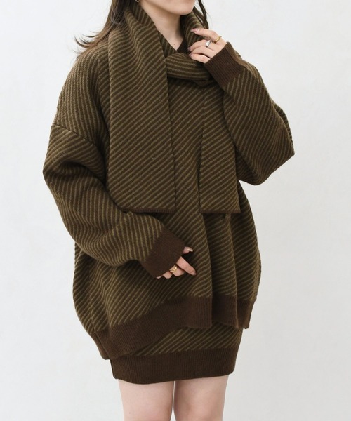 MISCH MASCH(ミッシュマッシュ)の「一部店舗限定 ボーダーニットセットアップ(トップス+パンツ+ストール)(セットアップ・レディース・ブラウン/ベージュ・フリ-)」の1枚目の写真