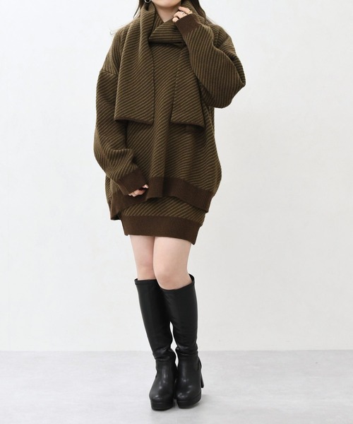 MISCH MASCH(ミッシュマッシュ)の「一部店舗限定 ボーダーニットセットアップ(トップス+パンツ+ストール)(セットアップ・レディース・ブラウン/ベージュ・フリ-)」の6枚目の写真