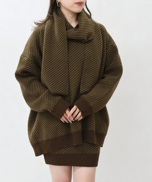 MISCH MASCH(ミッシュマッシュ)の「一部店舗限定 ボーダーニットセットアップ(トップス+パンツ+ストール)(セットアップ・レディース・ブラウン/ベージュ・フリ-)」の4枚目の写真