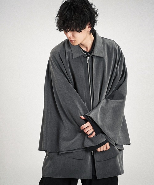 トップス cape shirt NO ID.】Layered Cape Zip Shirt / レイヤード ケープ ジップ シャツ