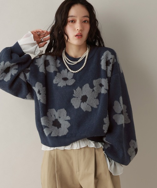 ENFÖLD ネイビー フラワー柄 セーター フラワーモチーフジャガードニット（ニット/セーター）｜RAGEBLUE