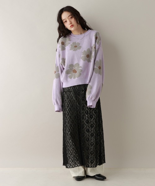 RAGEBLUE（レイジブルー）の「フラワーモチーフジャガードニット（ニット/セーター・レディース・ネイビー/ベージュ/グレー/パープル・FREE）」の6枚目の写真