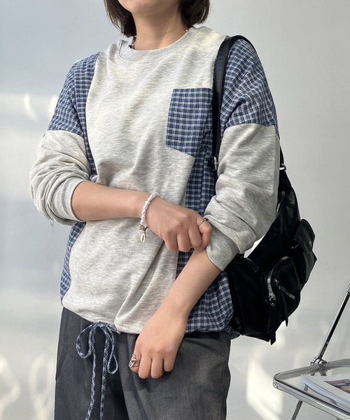 AS KNOW AS plus（アズノゥアズプラス）の「◯異素材切り替え 胸ポケット付き 裾リボンプルオーバー（Tシャツ/カットソー・レディース・アイボリー/ブラック/ブルー/オートミール・FREE）」の4枚目の写真