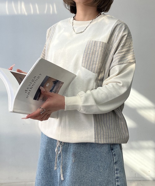 AS KNOW AS plus（アズノゥアズプラス）の「◯異素材切り替え 胸ポケット付き 裾リボンプルオーバー（Tシャツ/カットソー・レディース・アイボリー/ブラック/ブルー/オートミール・FREE）」の2枚目の写真