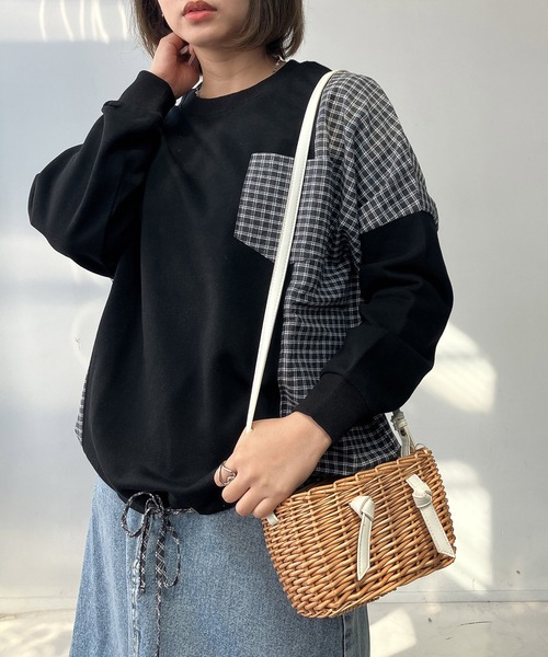 AS KNOW AS plus（アズノゥアズプラス）の「◯異素材切り替え 胸ポケット付き 裾リボンプルオーバー（Tシャツ/カットソー・レディース・アイボリー/ブラック/ブルー/オートミール・FREE）」の3枚目の写真