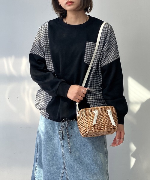 AS KNOW AS plus（アズノゥアズプラス）の「◯異素材切り替え 胸ポケット付き 裾リボンプルオーバー（Tシャツ/カットソー・レディース・アイボリー/ブラック/ブルー/オートミール・FREE）」の7枚目の写真