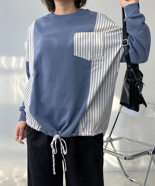 AS KNOW AS plus（アズノゥアズプラス）の「◯異素材切り替え 胸ポケット付き 裾リボンプルオーバー（Tシャツ/カットソー・レディース・アイボリー/ブラック/ブルー/オートミール・FREE）」の21枚目の写真