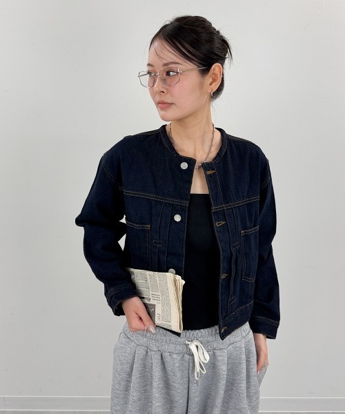 mellomela.(メロメラ)の「ショート丈Gジャン(デニムジャケット・レディース・グレー系その他7/ダークネイビー/ブルー・M)」の3枚目の写真
