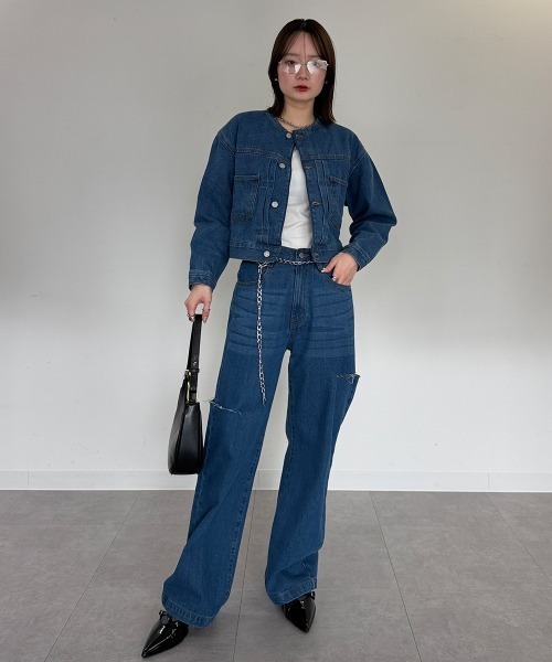 mellomela.(メロメラ)の「ショート丈Gジャン(デニムジャケット・レディース・グレー系その他7/ダークネイビー/ブルー・M)」の21枚目の写真