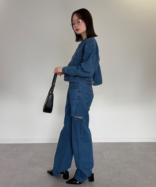 mellomela.(メロメラ)の「ショート丈Gジャン(デニムジャケット・レディース・グレー系その他7/ダークネイビー/ブルー・M)」の22枚目の写真