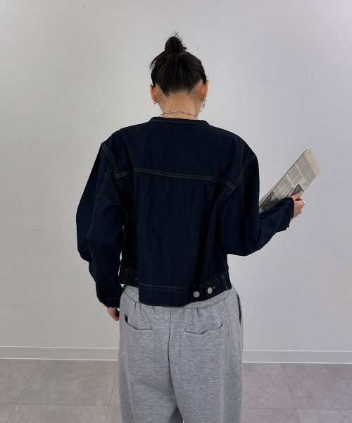 mellomela.(メロメラ)の「ショート丈Gジャン(デニムジャケット・レディース・グレー系その他7/ダークネイビー/ブルー・M)」の17枚目の写真