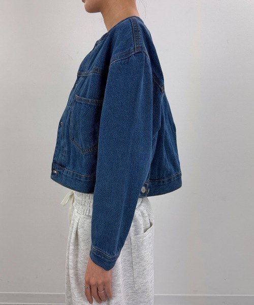 mellomela.(メロメラ)の「ショート丈Gジャン(デニムジャケット・レディース・グレー系その他7/ダークネイビー/ブルー・M)」の16枚目の写真