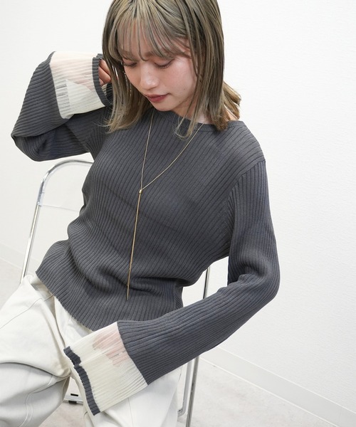 gossara(ゴサラ)の「リブ袖口シアーPO(ニット/セーター・レディース・ブラック/オフホワイト/ブルー・FREE)」の2枚目の写真