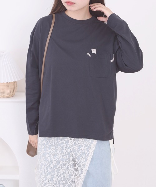 Quelle Chance(ケルシャンス)の「ポケット1ポイント刺繍プルオーバー 獺 長袖Tシャツ(Tシャツ/カットソー・レディース・ミント/キナリ/チャコールグレー・L/M)」の10枚目の写真