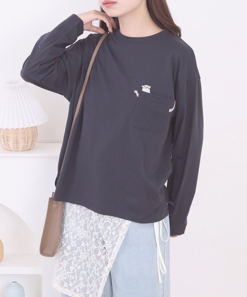 Quelle Chance(ケルシャンス)の「ポケット1ポイント刺繍プルオーバー 獺 長袖Tシャツ(Tシャツ/カットソー・レディース・ミント/キナリ/チャコールグレー・L/M)」の12枚目の写真
