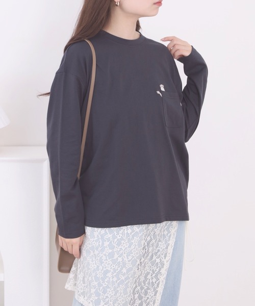 Quelle Chance(ケルシャンス)の「ポケット1ポイント刺繍プルオーバー 獺 長袖Tシャツ(Tシャツ/カットソー・レディース・ミント/キナリ/チャコールグレー・L/M)」の13枚目の写真