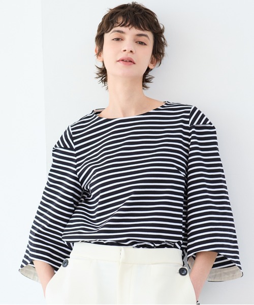 R-ISM(リズム)の「【洗える】タック袖コットンボーダーカットソー(Tシャツ/カットソー・レディース・ブラック/オフホワイト・4)」の2枚目の写真
