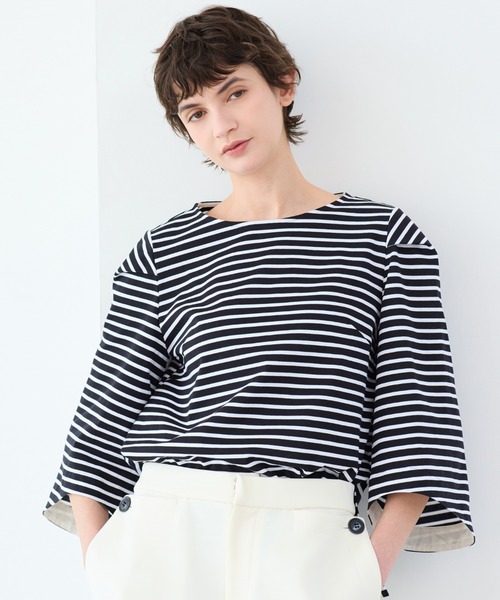 R-ISM(リズム)の「【洗える】タック袖コットンボーダーカットソー(Tシャツ/カットソー・レディース・ブラック/オフホワイト・4)」の3枚目の写真