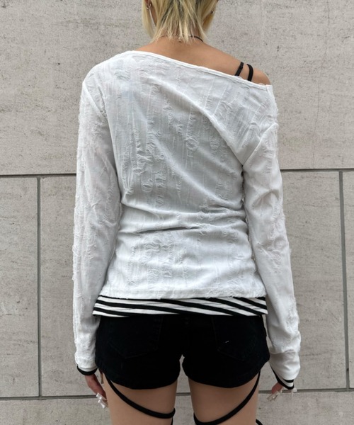 Never mind the XU（ネバーマインドザエックスユー）の「【Never mind the XU】layered cross long sleeve / 【ネバーマインド ザ エックスユー】レイヤードクロス長袖Tシャツ（Tシャツ/カットソー・レディース・ホワイト/ブラック・ONE SIZE）」の19枚目の写真