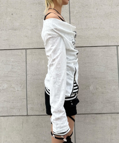 Never mind the XU（ネバーマインドザエックスユー）の「【Never mind the XU】layered cross long sleeve / 【ネバーマインド ザ エックスユー】レイヤードクロス長袖Tシャツ（Tシャツ/カットソー・レディース・ホワイト/ブラック・ONE SIZE）」の18枚目の写真