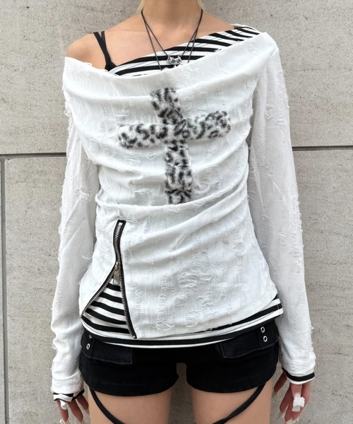 Never mind the XU（ネバーマインドザエックスユー）の「【Never mind the XU】layered cross long sleeve / 【ネバーマインド ザ エックスユー】レイヤードクロス長袖Tシャツ（Tシャツ/カットソー・レディース・ホワイト/ブラック・ONE SIZE）」の16枚目の写真