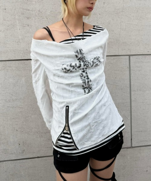 Never mind the XU（ネバーマインドザエックスユー）の「【Never mind the XU】layered cross long sleeve / 【ネバーマインド ザ エックスユー】レイヤードクロス長袖Tシャツ（Tシャツ/カットソー・レディース・ホワイト/ブラック・ONE SIZE）」の15枚目の写真