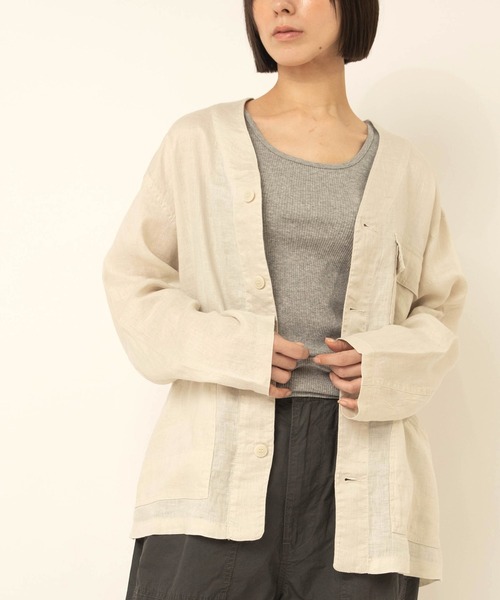 近年♡美品✨アナイ リネンオックスダブルジャケット パールボタン ホワイト 36 B2952 リネンワークジャケット（ノーカラージャケット）｜RNA-N