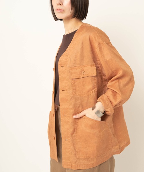 RNA-N(アールエヌエーエヌ)の「B2952 リネンワークジャケット(ノーカラージャケット・レディース・キャメル/ブラック/キナリ・FREE)」の4枚目の写真