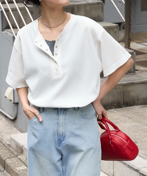 anyway.シリーズ】ワッフル ヘンリーネック 優秀Tシャツ (吸水速乾・毛