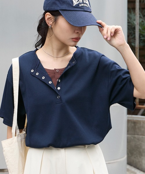 Du tango 今期フロントレースTEE ワッフリッシュワッフル anyway.シリーズ】ワッフル ヘンリーネック 優秀Tシャツ (吸水速乾・毛