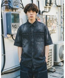 『mahagrid/マハグリッド』 DENIM STUD HALF SHIRT/デニムスタッズ 半袖シャツ
