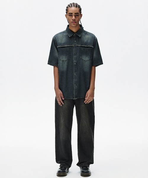 MAHAGRID（マハグリッド）の「『mahagrid/マハグリッド』 DENIM STUD HALF SHIRT/デニムスタッズ 半袖シャツ（シャツ/ブラウス・メンズ・ブルー/ブラック・S/M）」の8枚目の写真