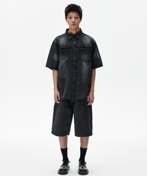 MAHAGRID（マハグリッド）の「『mahagrid/マハグリッド』 DENIM STUD HALF SHIRT/デニムスタッズ 半袖シャツ（シャツ/ブラウス・メンズ・ブルー/ブラック・S/M）」の12枚目の写真