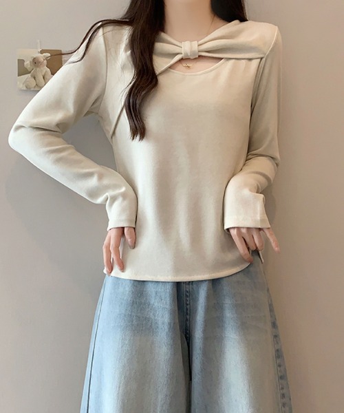 2ly2(トゥーリートゥー)の「ケープ風レイヤードデザイン 長袖トップス / フェイクレイヤード カットソー(Tシャツ/カットソー・レディース・ブラウン/ネイビー/ベージュ/ダークグレー・FREE)」の17枚目の写真