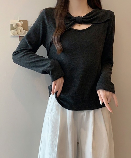 2ly2(トゥーリートゥー)の「ケープ風レイヤードデザイン 長袖トップス / フェイクレイヤード カットソー(Tシャツ/カットソー・レディース・ブラウン/ネイビー/ベージュ/ダークグレー・FREE)」の6枚目の写真