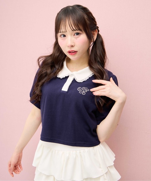 INGNI(イング)の「襟レース付胸ロゴポロシャツ(Tシャツ/カットソー・レディース・ピンク/ブラック/ネイビー/グレー・M)」の4枚目の写真