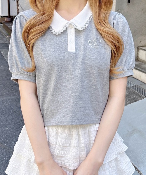 INGNI(イング)の「襟レース付胸ロゴポロシャツ(Tシャツ/カットソー・レディース・ピンク/ブラック/ネイビー/グレー・M)」の12枚目の写真