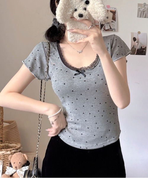 SHEENA(シーナ)の「【カップ付き】レースドットフィットTシャツ(Tシャツ/カットソー・レディース・ホワイト/ライトブルー/ブラック/グレー・M)」の3枚目の写真