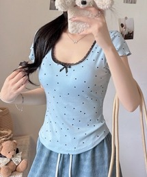 【カップ付き】レースドットフィットTシャツ