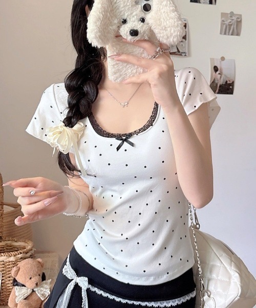 SHEENA(シーナ)の「【カップ付き】レースドットフィットTシャツ(Tシャツ/カットソー・レディース・ホワイト/ライトブルー/ブラック/グレー・M)」の6枚目の写真