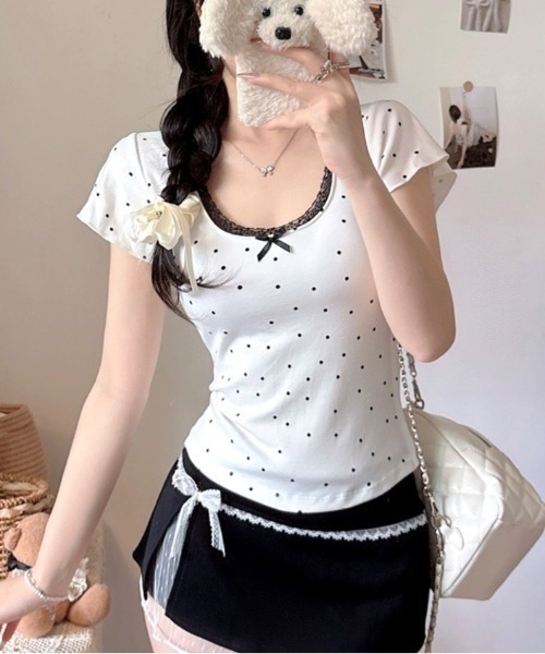 SHEENA(シーナ)の「【カップ付き】レースドットフィットTシャツ(Tシャツ/カットソー・レディース・ホワイト/ライトブルー/ブラック/グレー・M)」の7枚目の写真