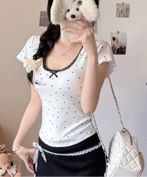 SHEENA(シーナ)の「【カップ付き】レースドットフィットTシャツ(Tシャツ/カットソー・レディース・ホワイト/ライトブルー/ブラック/グレー・M)」の8枚目の写真