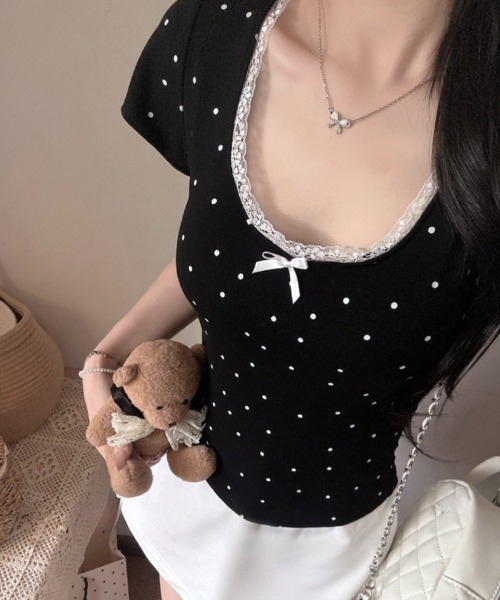 SHEENA(シーナ)の「【カップ付き】レースドットフィットTシャツ(Tシャツ/カットソー・レディース・ホワイト/ライトブルー/ブラック/グレー・M)」の9枚目の写真