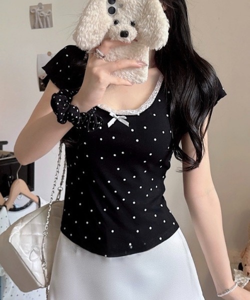 SHEENA(シーナ)の「【カップ付き】レースドットフィットTシャツ(Tシャツ/カットソー・レディース・ホワイト/ライトブルー/ブラック/グレー・M)」の10枚目の写真