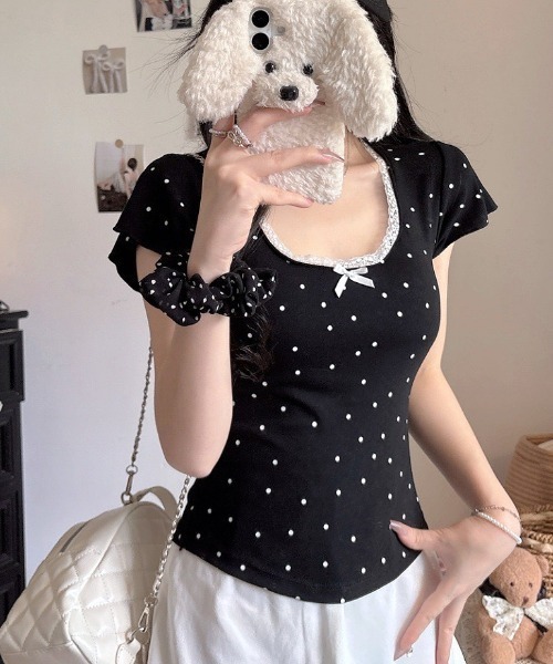 SHEENA(シーナ)の「【カップ付き】レースドットフィットTシャツ(Tシャツ/カットソー・レディース・ホワイト/ライトブルー/ブラック/グレー・M)」の11枚目の写真