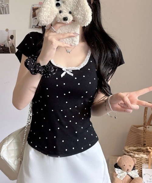SHEENA(シーナ)の「【カップ付き】レースドットフィットTシャツ(Tシャツ/カットソー・レディース・ホワイト/ライトブルー/ブラック/グレー・M)」の12枚目の写真